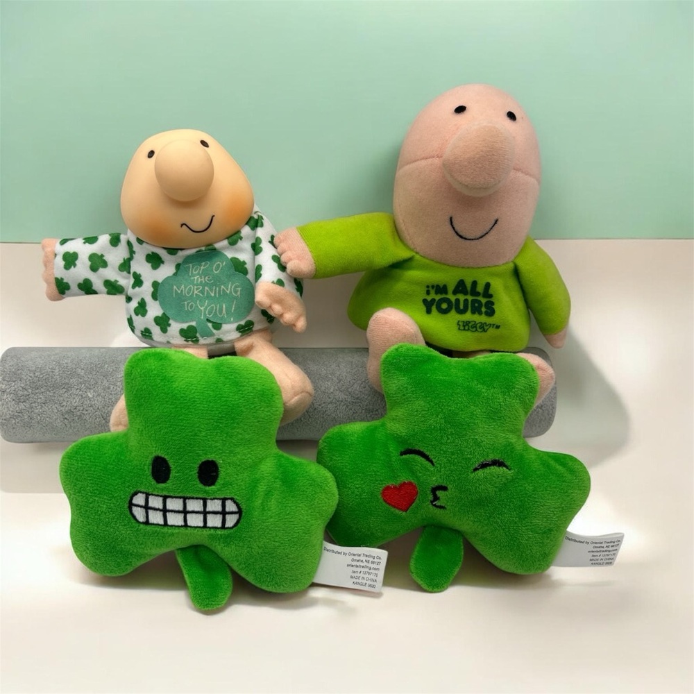 Vintage 2 Ziggy plush dolls and 2 Shamrock emoji plush St. Patricks Day decor